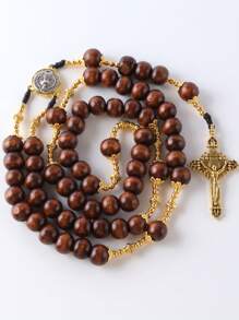 GO2CJBEADS 1 pieza Rosario vintage católico joyería 59 piezas cuentas de madera de 10mm collar con cruz, collar artesanal de cadena de suéter con cruz de madera católica colgante para hombres