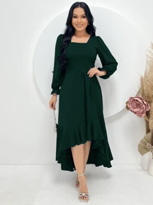Women's Long Sleeve Midi Mullet Dress With Ruffles Tailoring Square Neckline Spring Summer Christian Evangelical Fashion REF: Angela - 橄欖綠 - 查看 1