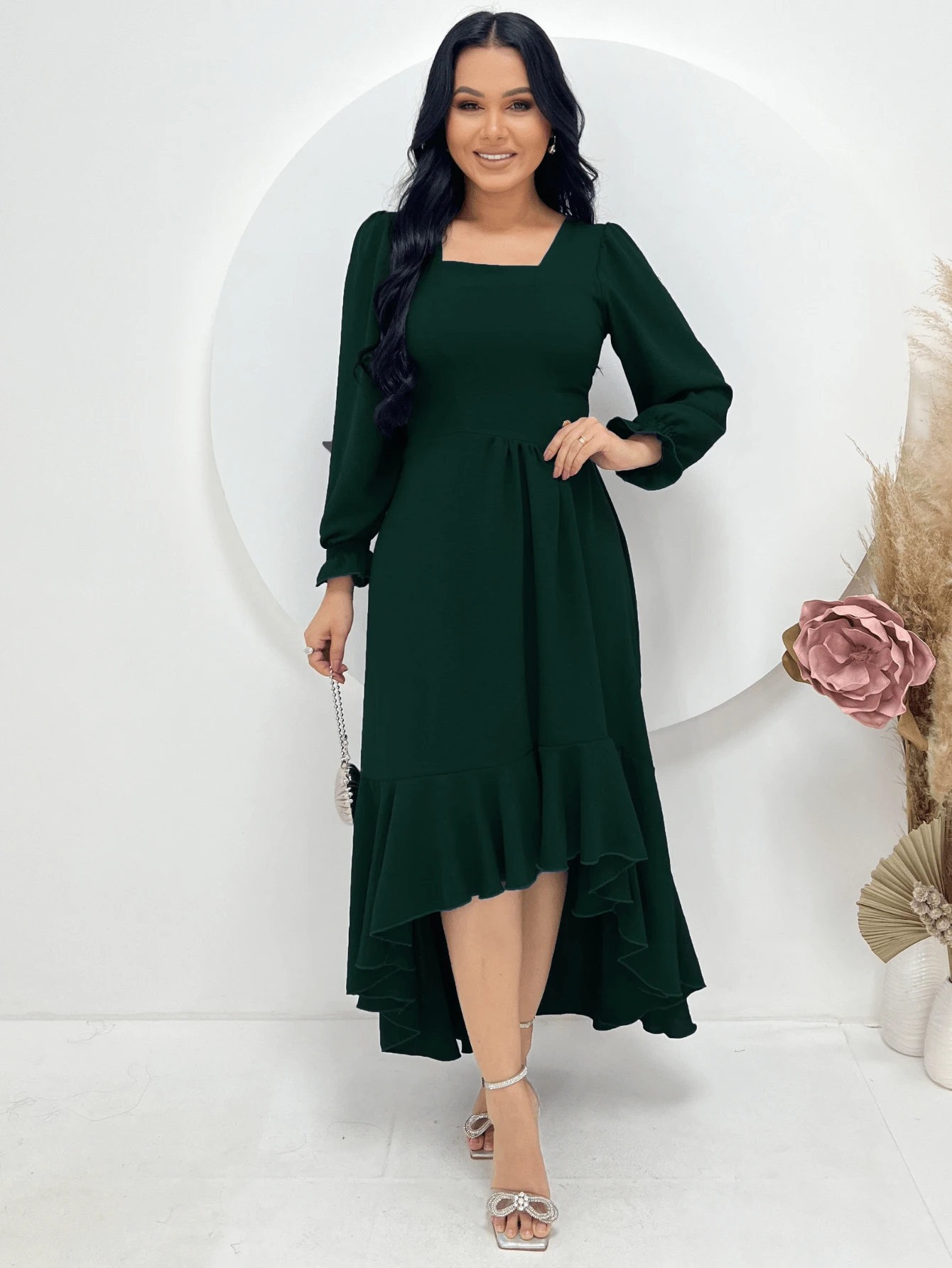Women's Long Sleeve Midi Mullet Dress With Ruffles Tailoring Square Neckline Spring Summer Christian Evangelical Fashion REF: Angela - 橄欖綠 - 查看 1