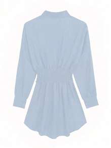 Women's Fashion Collared Shirt Dress, Solid Color Ruched Waist Long Sleeve Slim-Fit Lightweight Blouse Dress, Spring/Summer - Light Blue - View 9