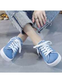 女士春季休闲帆布一脚蹬平底运动鞋、乐福鞋