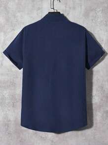 Classic Design Shirt, Men's Casual Short Sleeve Button Down Shirt For Business Casual Events - 藏蓝色 - 查看 2