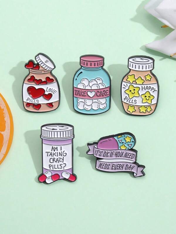 1pc Creative Cartoon Pill Bottle Shaped Metal Brooch, Cute Pill Capsule Bottle Design Metal Badge Charm, Fashion Accessory For Clothes, Bags