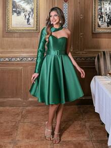 Faeriesty Elegant A-Line Belted Dress For Spring/Summer, Flattering Silhouette & Versatile Styling For Weddings, Dinners, Garden Events, And Cocktail Parties, Party Dress, Wedding Guest Dress - Dark Green - View 7