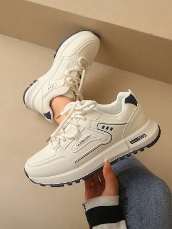 女式圆头系带厚底学生风格增高休闲舒适厚底运动鞋