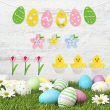 1 pieza Banderín con forma de huevo de Pascua, conejo y flor de fieltro, decoración de fondo no tejida para fiesta de Pascua, calcomanía de ventana con pollito y lirio