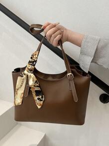 女士大容量百搭新款简约通勤单肩包，大学生便携复古外出购物丝带托特包 - 棕色 - 查看 9