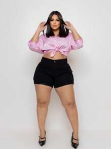 Women's Plus Size Cargo Denim Shorts With Lycra - 黑色 - 查看 4