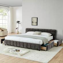 YOGLAD King Size Upholstered Bed Frame With Drawers, Chenille Fabric Grounded Queen Size Platform Bed With Headboard And Solid Frame. No Box Spring Needed - 深灰色(King Size with Drawer) - 查看 6