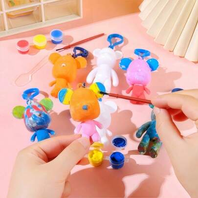 Set de manualidades de creación DIY que incluye un llavero con diseño de oso fluido estilo graffiti, conejo de orejas largas y pequeña decoración de alien, con base blanca para pintar a mano (Incluye: 3 colores u 12 colores de pinturas acrílicas y pinceles) (Colores de accesorios al azar), Vuelta al colegio
