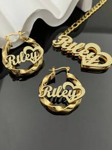 1 Pair Of DIY Custom Double-Layer Welded Name Letter Earrings, Men's And Women's Large Heart-Shaped Earring Pendants, Thick Earrings, Customizable Name Simple Daily Style, Keychain, Products Include Gift Boxes, Valentine's Day Gifts, Birthday Gifts, Mother's Day Gifts, Daily Gifts - Gold - View 9