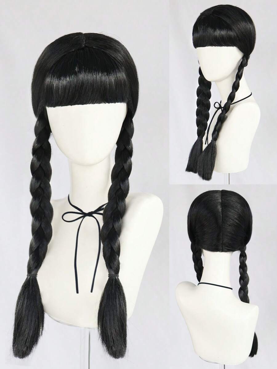 28 Inch Long Black Dual Braided Cosplay Wig With Bangs For Women Halloween Costume Anime Party, Black Double Low Braided Hairstyle Film Character Wig For Concerts Vacation Photography Themed Events Comic Con Exhibition