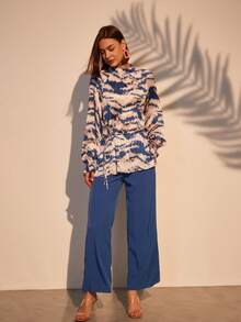 Plisse Top Matching Set Women Floral Print Top & Pants 2 Pieces Sets - Royal Blue - View 3
