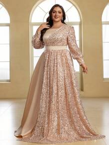 YISIKADO Plus Size Formal Evening Dress, Elegant Sequin Satin Lantern Sleeve Round Neck Wedding Guest Dress, Party Dress,Gown - Rượu sâm banh - Xem 5