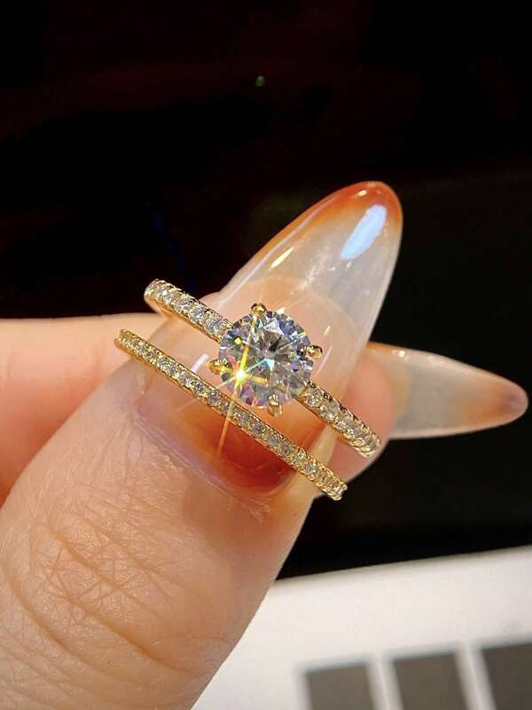 2Pcs/Set 1ct 4 Claw Design Colorless Moissanite Diamond 2 In 1 Double Rings Set Ladies Engagement Ring S925 Sterling Silver Simple Romantic Couple Ring Eternity Ring Wedding Anniversary Ring Luxury Jewelry Gift