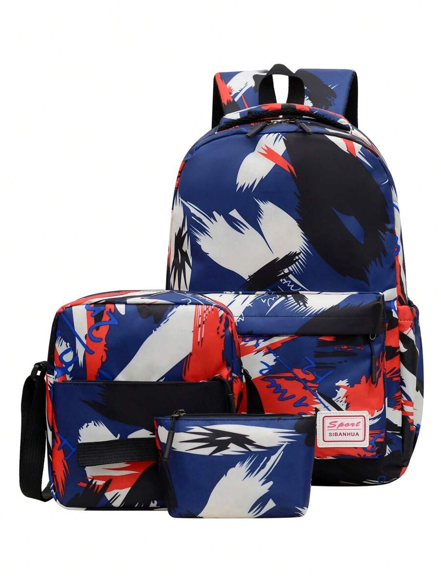 3 合 1 涂鸦背包套装，轻便休闲背包适合青少年、学生、旅行、户外、运动、度假、毕业礼物或生日配饰 - 彩色 - 查看 1