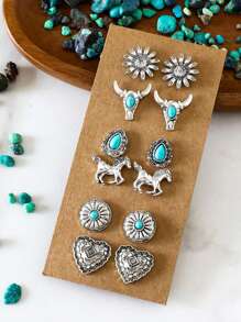 12 件套女士复古西部首饰套装，包括绿松石花、牛头、马、心形雕刻银耳环，适合海滩、派对、节日的复古配饰 - 復古銀色 - 查看 1