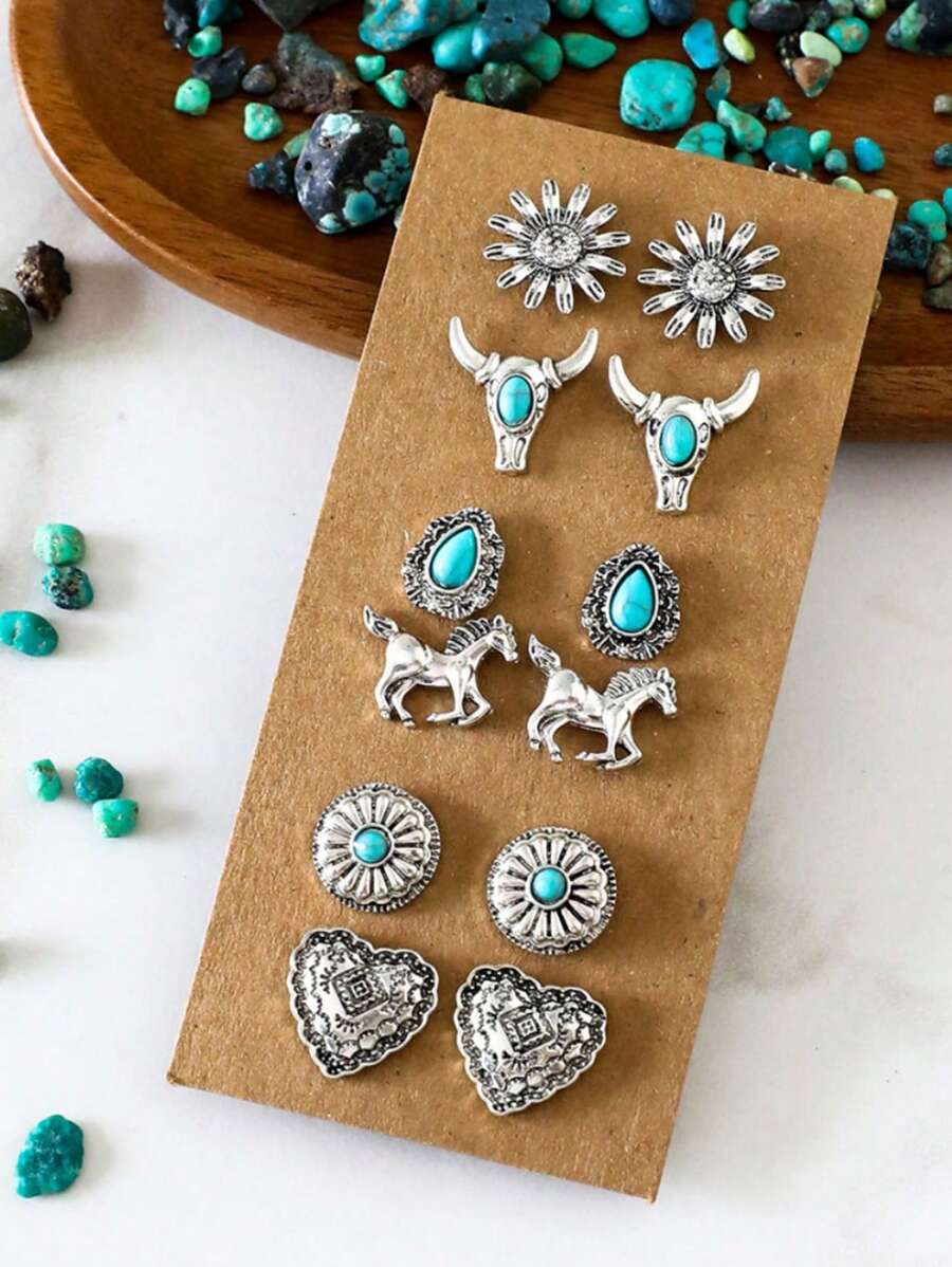 12 件套女士复古西部首饰套装，包括绿松石花、牛头、马、心形雕刻银耳环，适合海滩、派对、节日的复古配饰 - 復古銀色 - 查看 1
