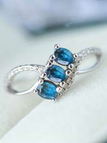 经典时尚 S925 纯银椭圆形方晶锆石蓝钻女士戒指 - 彩色 - 查看 1