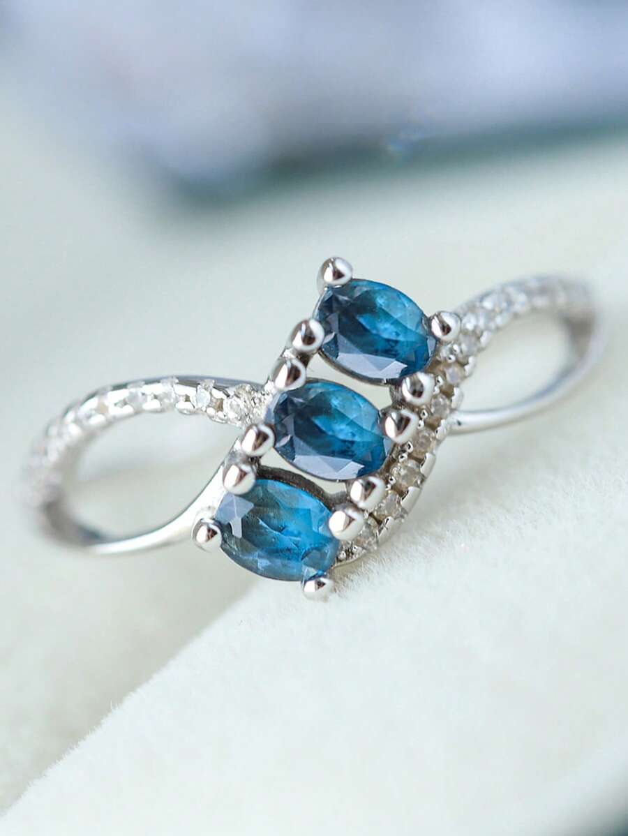 经典时尚 S925 纯银椭圆形方晶锆石蓝钻女士戒指 - 彩色 - 查看 1