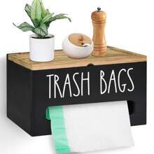 Farmhouse Wooden Grocery Bag Holder And Dispenser, Wall Mounted Plastic Bag Holder And Dispenser With Extra-Wide & Easy-Access Openings, Garbage Bag Dispenser Anti-Fingerprint Rustic Finish Bags Saver - màu đen - Xem 2