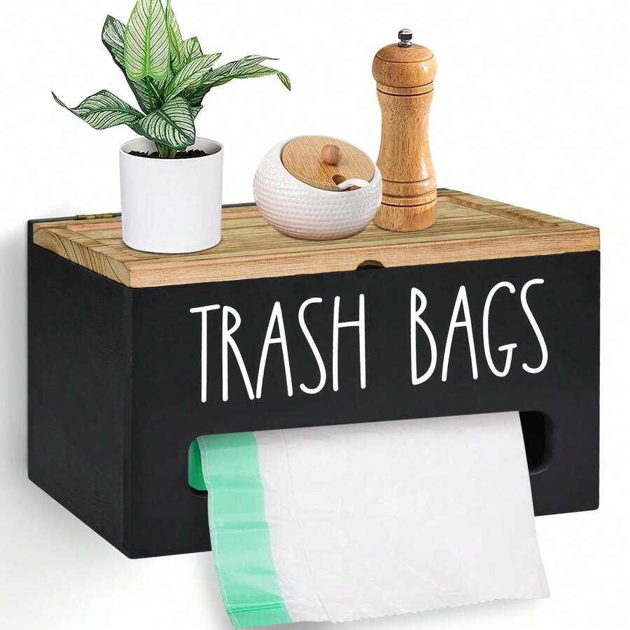 Farmhouse Wooden Grocery Bag Holder And Dispenser, Wall Mounted Plastic Bag Holder And Dispenser With Extra-Wide & Easy-Access Openings, Garbage Bag Dispenser Anti-Fingerprint Rustic Finish Bags Saver - 黑色 - 查看 1