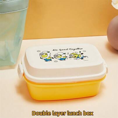 Caja de Bento de doble capa con Minions con margaritas, material de PP, incluye compartimentos separados, cuchara y tenedor, ideal para almuerzos escolares y picnics (980ml)