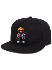 1pc "Doodle Bear" Print Unisex Streetwear Hip Hop Cap, Adjustable Brim Baseball Hat, Sports Cap