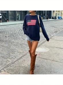 Women's Flag Pattern Long Sleeve Round Neck Sweater Casual Loose Pullover Sweater - Blue - View 1