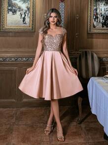 Elisanya Luxury Short Sleeves Sweetheart Neck Connect Satin Evening Dress, Wedding Guest Dress, Party Dress - Champagne - View 6