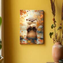 1pc Framed Canvas Wall Art Poster Printing Modern Realism Digital A Otter Holding A Piece Of Bread Wall Art Decoration For Living Room Bedroom Bathroom Kitchen Apartment Hotel, Artful Home Decoration - Framed, Vertical