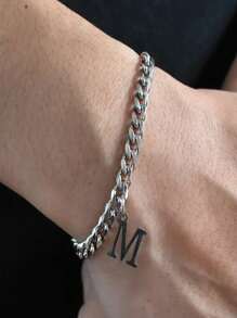 1 件时尚朋克不锈钢 A-Z 英文字母吊坠简约男士手链，适合日常休闲佩戴，男士节日派对礼物 - 銀色 - 查看 3