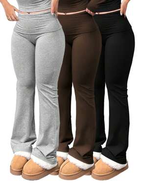 3pcs/Set Large Size Women's Casual High Yoga Pants Set   Elastic Waist Gym Workout Flare Leggings
