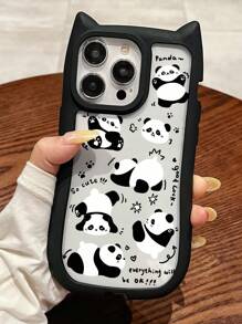 1pc Funny Panda Pattern Black Phone Case, Acrylic Cat Ear Design Lightweight Protective Cover, Compatible With IPhone 16/11/13/15/15 Plus/15 Pro/15 Pro Max/12/14 Pro Max/11 Pro/11 Pro Max/12 Pro/12 Pro Max/13 Pro/13 Pro Max/14 Pro/14 Plus