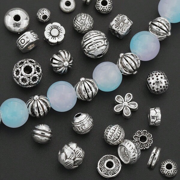 100pcs Alloy Assorted Beads Mix, Vintage Floral & Round Charms, Loose Spacer Beads For DIY Jewelry Making, Fashion Bracelets, Necklaces, Earrings, Anklets, Craft Supplies
