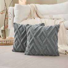 2 pièces Housses de coussin décoratif en fausse laine pour Noël, doux, peluche, court, en polaire, motif carré, taies d'oreiller unies pour canapé, lit, salon
