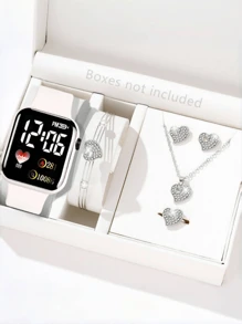 Fashionable 6 Pieces Rhinestone Jewelry Set, Women Pink PVC Strap Stylish Square Dial Digital Watch And Heart Rhinestone Jewelry Necklace/Suitable For Daily Wear, Valentine's Day Gift