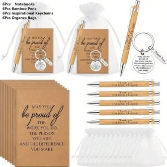 24pcs/6sets Team S Employee Appreciation S S 6pcs Bamboo Pens And 6pcs Pocket Inspirational Notebooks With 6pcs Inspirational Keychains, Office S For Staff Volunteer Nurse Teacher Coworker Team Building Retirement S Car Accessories Bag Charm School Cute Goth Y2k Christmas Gift Ideas