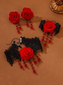 2pcs Vintage Rose Choker And Bracelet Set - Black Lace And Red Rose Jewelry Set For Girls - Gothic Lolita Jewelry Set