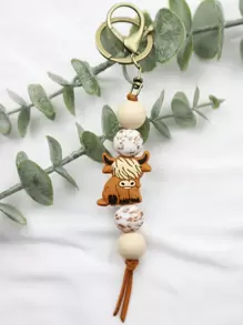 1PC Brown Western Vintage Animal Yak Silicone Beaded Keychain For Cowboy Cowgirl Gift Bag Purse Backpack Pendant Keyring