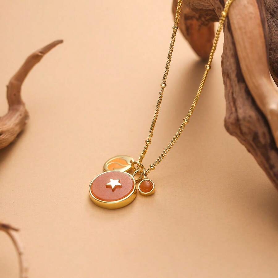 1 件时尚小众火焰五角星圆形吊坠项链，女士可爱炫酷派对珠宝，独特的女友礼物 - 金黃色 - 查看 1