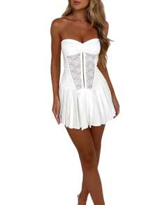 Women's Tube Top Dress Sleeveless Off Shoulder Front Ruched Lace Embroidery Backless Pleated Mini Dress For Party Club