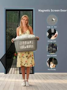 1pc Heavy Duty Magnetic Screen Door With Full Frame Hooks And Rings, Polyester Mesh Curtain, Fresh Air Circulation, Easy Pet Access, Child Friendly, Pest-Resistant, Fits 38x82 Inch Door