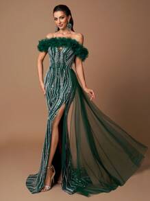 SUPGIR [Non-Positioning Flowers] High Collar Layered Mesh Sleeves Maxi Dress With Embroidery & Faux Pearls, Open Slit, Formal Gown, Party Dress, Wedding Guest Dress, Evening Dress - Dark Green - View 2