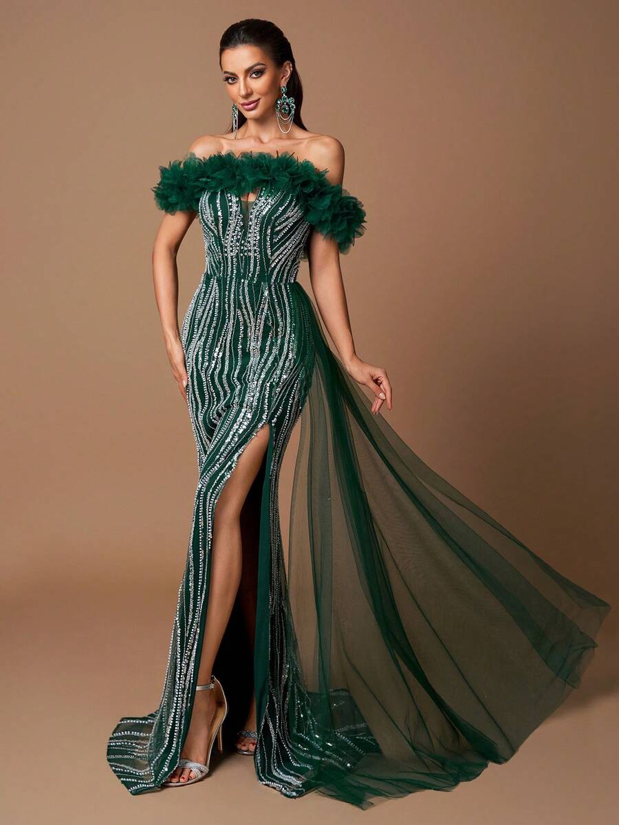 SUPGIR [Non-Positioning Flowers] High Collar Layered Mesh Sleeves Maxi Dress With Embroidery & Faux Pearls, Open Slit, Formal Gown, Party Dress, Wedding Guest Dress, Evening Dress