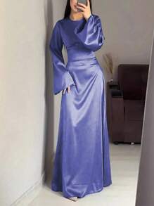Women's Solid Color Round Neck Satin Long Sleeve Dress - Purple - View 1