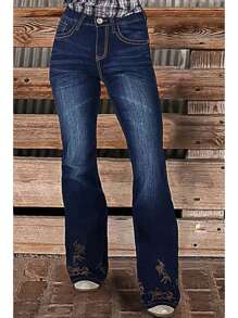 Cruel Hannah Slim Flare Cowgirl Chaps Horse Embroidery High Waist Stretchy Texas Relaxed Denim Jeans Butt Lifting Western Women's Trousers T55 - Rửa tối - Xem 2