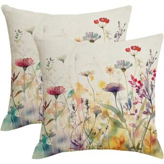 2 pièces Housses de coussin décoratif fleuri coloré pour le printemps et l'été. Fleurs sauvages aquarelle pour l'extérieur. Taies d'oreiller décoratives de style campagnard en lin pour le canapé et le lit.