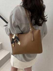 Fashionable And Simple Solid Color Letter Printed Shoulder Tote Bag With Scarf, Suitable For Shopping, Wallets, Shopping, Young Women, College Students, Newcomers, White-Collar Workers. They Are Very Suitable For Offices, Universities, Work, Business, Commuting, Outdoor Activities, Travel, And Outings