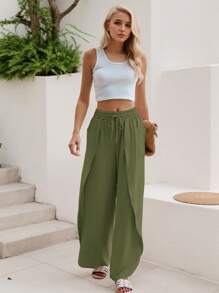 SANOPY Women's Pants,Scrub Pants For Women,Linen Pants Women,Womens Wide Leg Pants Side Split High Waisted Palazzo Pants Boho Flowy Trousers - màu xanh lá - Xem 3